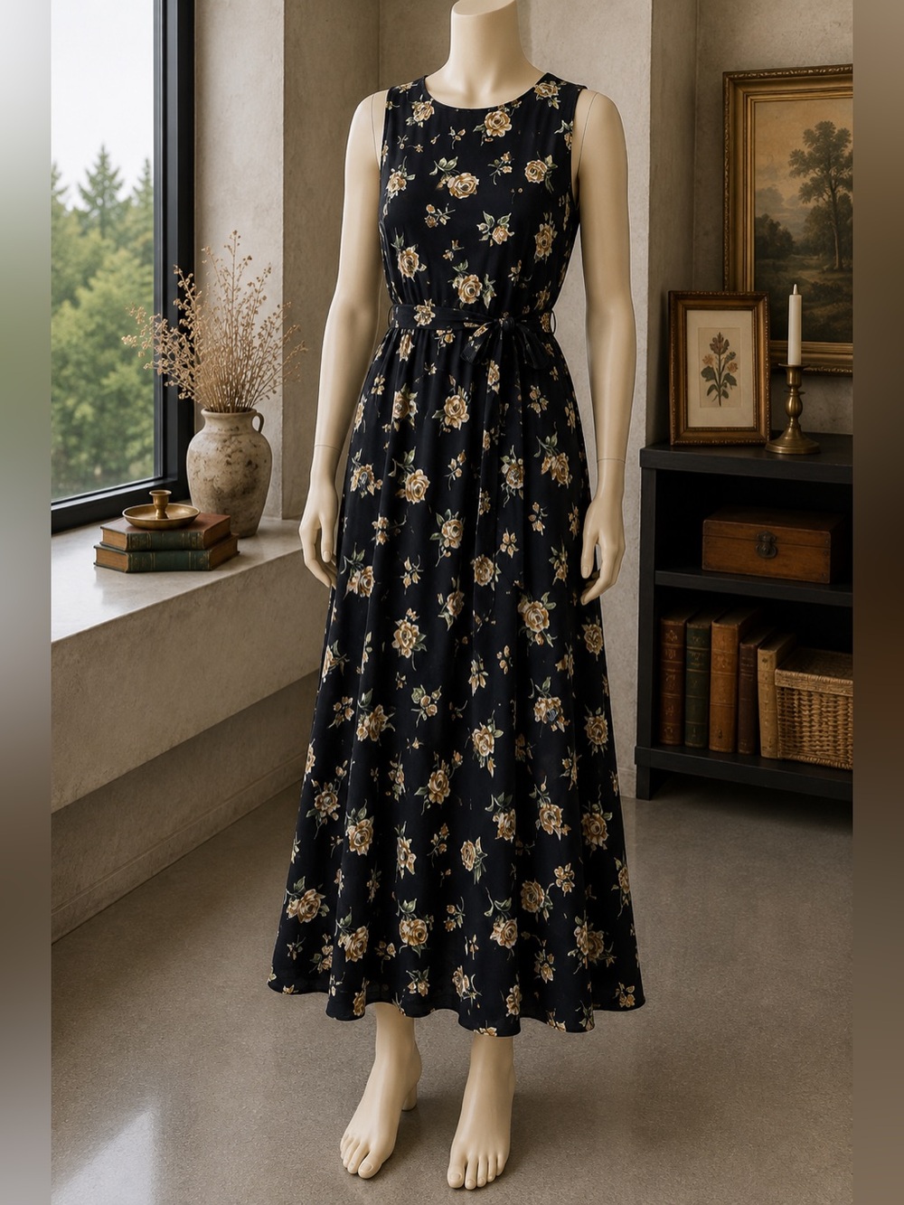 California Concepts Vintage 90s Black Floral Maxi Dress Size 8